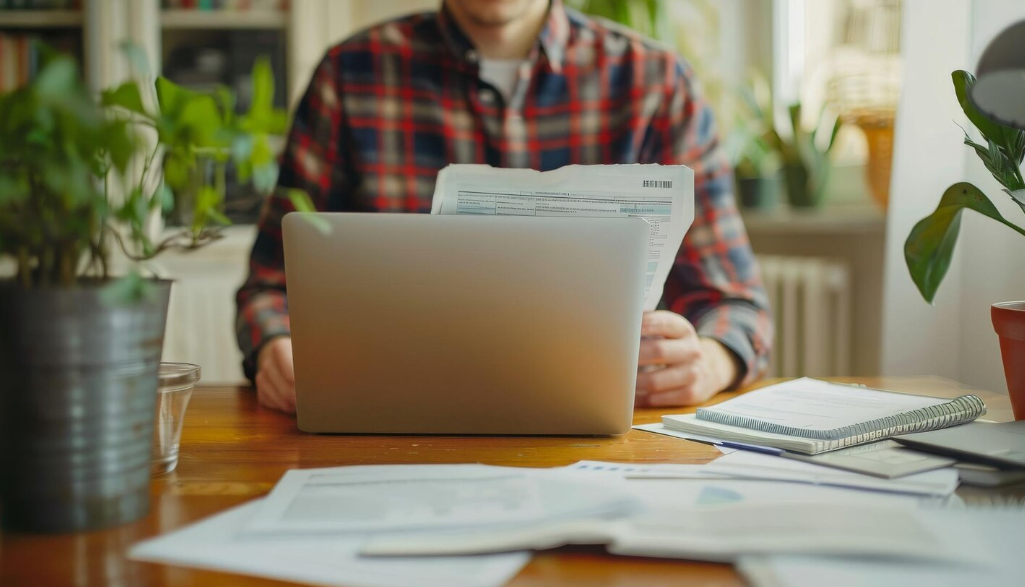 Person reviewing paperwork on laptop while evaluating signs you're over-insured.