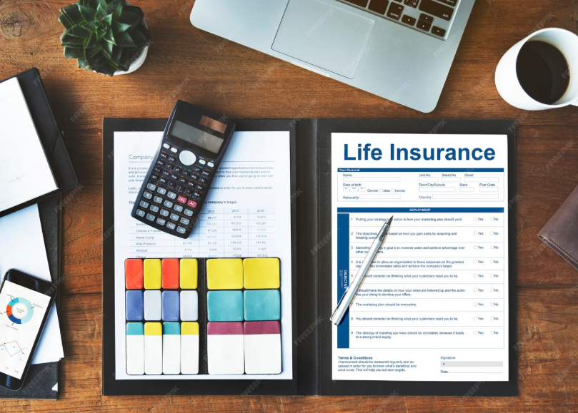 Life insurance policy documents and calculator showing how insurance companies set rates